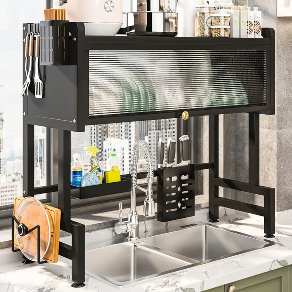 Multi-Functional Kitchen Storage Rack 3-Tier Utensil Cup Holder Kitchen Sink Organizer Large Over The Sink Dish Rack with Cover