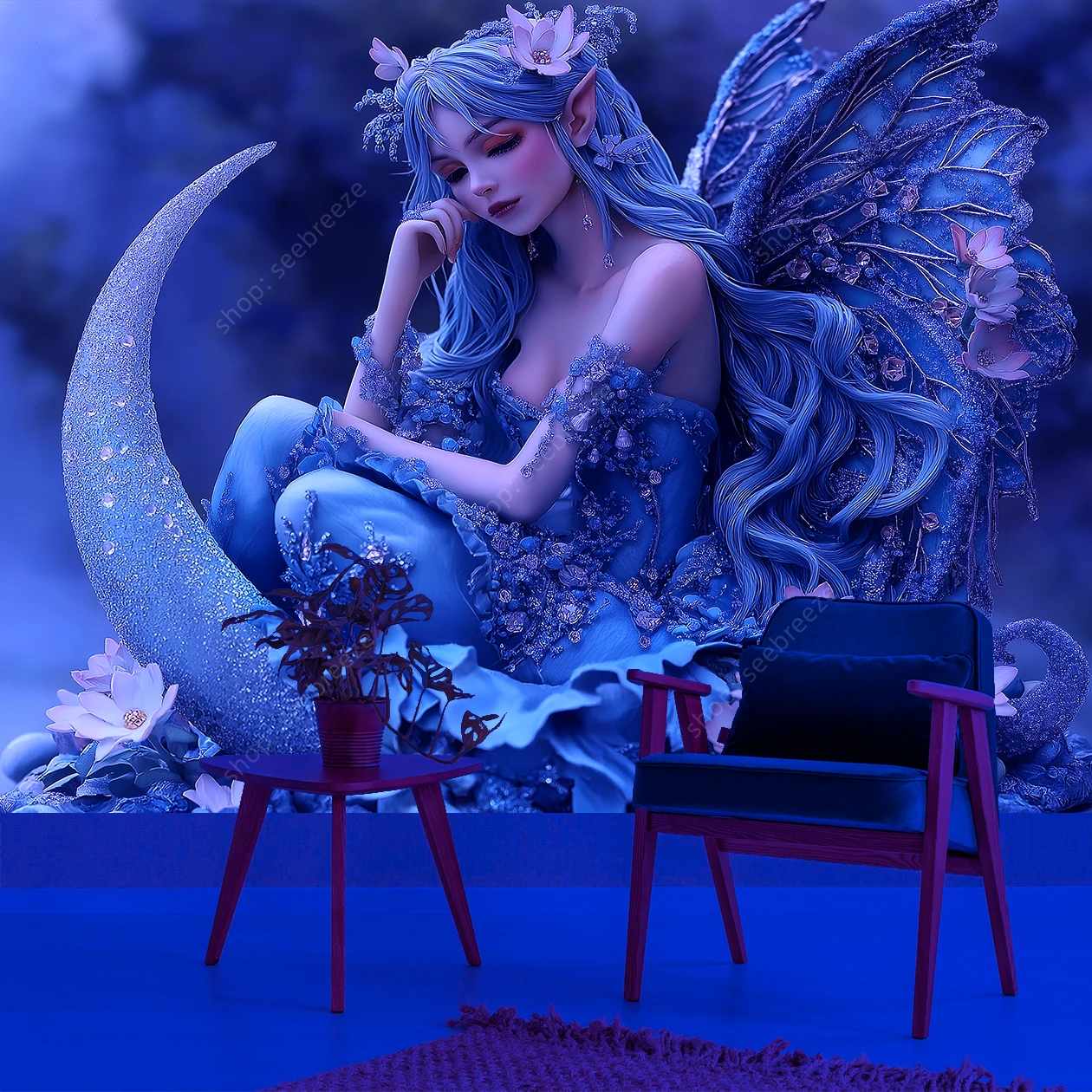 نسيج الأشعة فوق البنفسجية الساحر Elven Fantasy مع ملابس زرقاء جليدية أجنحة حساسة ديكور منزلي سحري لغرفة النوم وغرفة المعيشة والمكتب #6