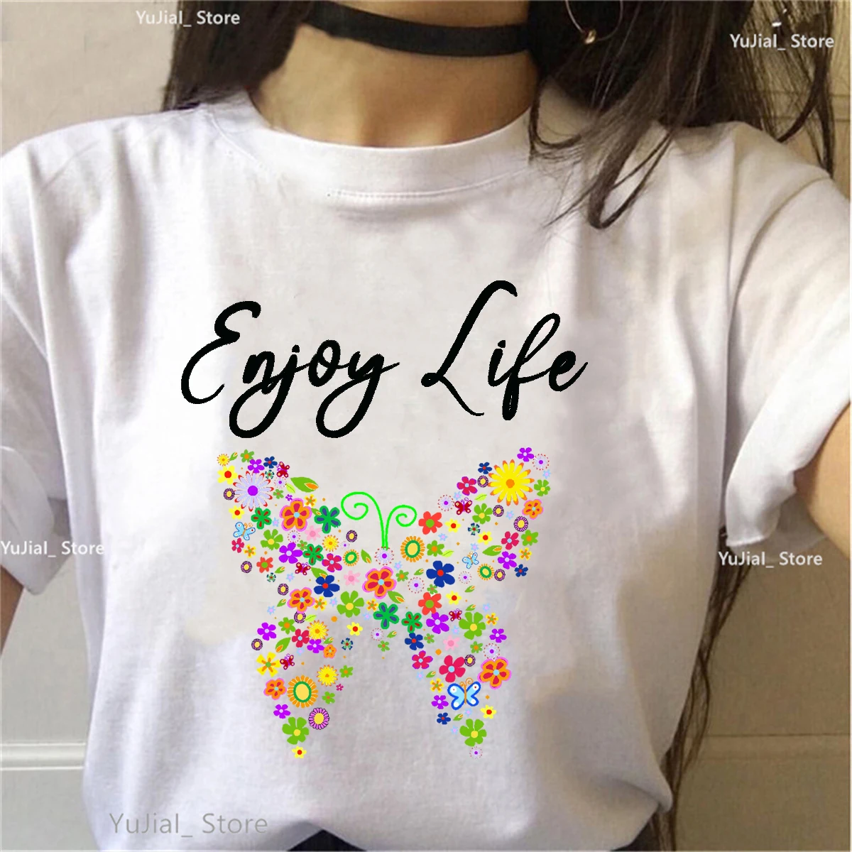 Enjoy Life Rainbow Butterfly Flowers Printed T Shirt Women Free As A Butterfly Fashion Summer Tshirt Girls  Kawaii Clothes