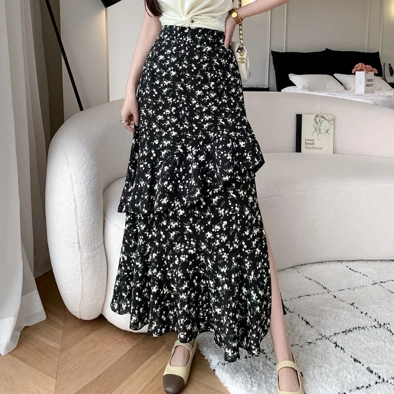 

Elegant Summer Long Skirts Women 2024 Fashion Korean Style Floral Printed Faldas Largas Elastic High Waist Flare Skirt Black