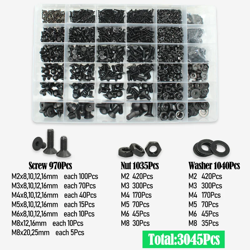 2520/Set schwarze Flachkopf-Innensechskantschrauben, Senkkopfschrauben, Muttern-Set, M2, M2,5, M3, M4, M5, M6, M8, legierter Stahl der Güteklasse 10,9, DIN 7991 – Detail 6