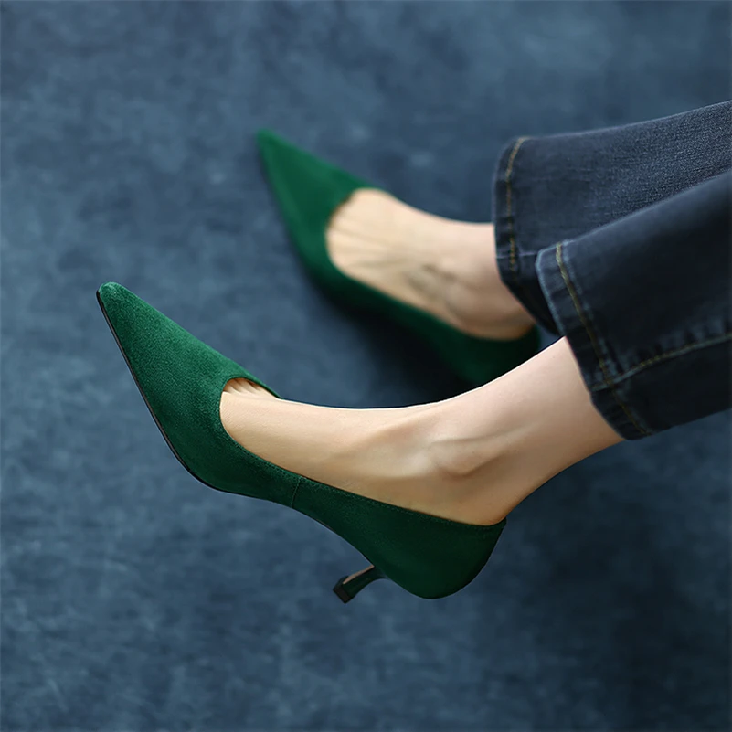 Meotina Genuine Leather Women Shoes Kid Suede Thin Heels Pumps Pointed Toe High Heel Ladies Footwear 2022 Spring Khaki Green 42