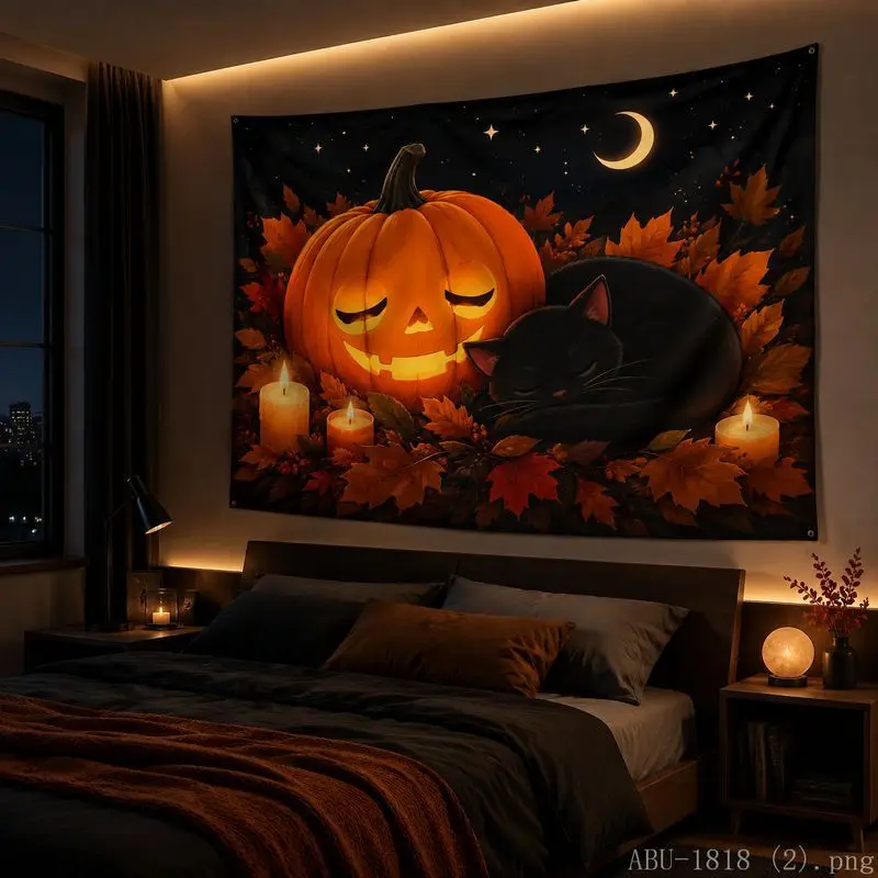 Halloween Tapestry Pumpkin Black Cat Candle Moon Maple Leaf Starry Print Bedroom Home Party Wall Hanging Backdrop Decor Cloth