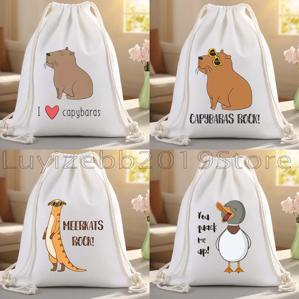 Funny Cute Monkey Capybara Porpoise Tiger Meerkat Duck Cookies Canvas Drawstring Bags Soccer Backpack Gym Sackpack String Bag