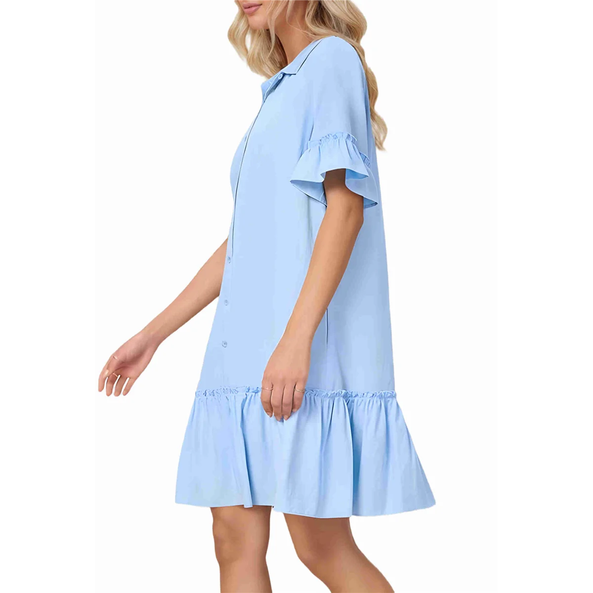 Women'S Summer Button Down Shirt Dress Casual Ruffle Sleeve Shift Mini Dresses with Pockets Light Blue XXL