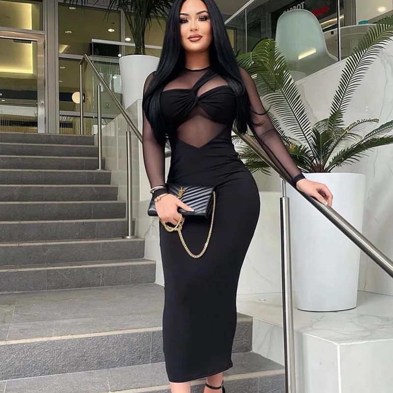Elegant See Through Panel Long Sleeve Bodycon Dresses for Women Spring Summer Tight Fitting Midi Dress