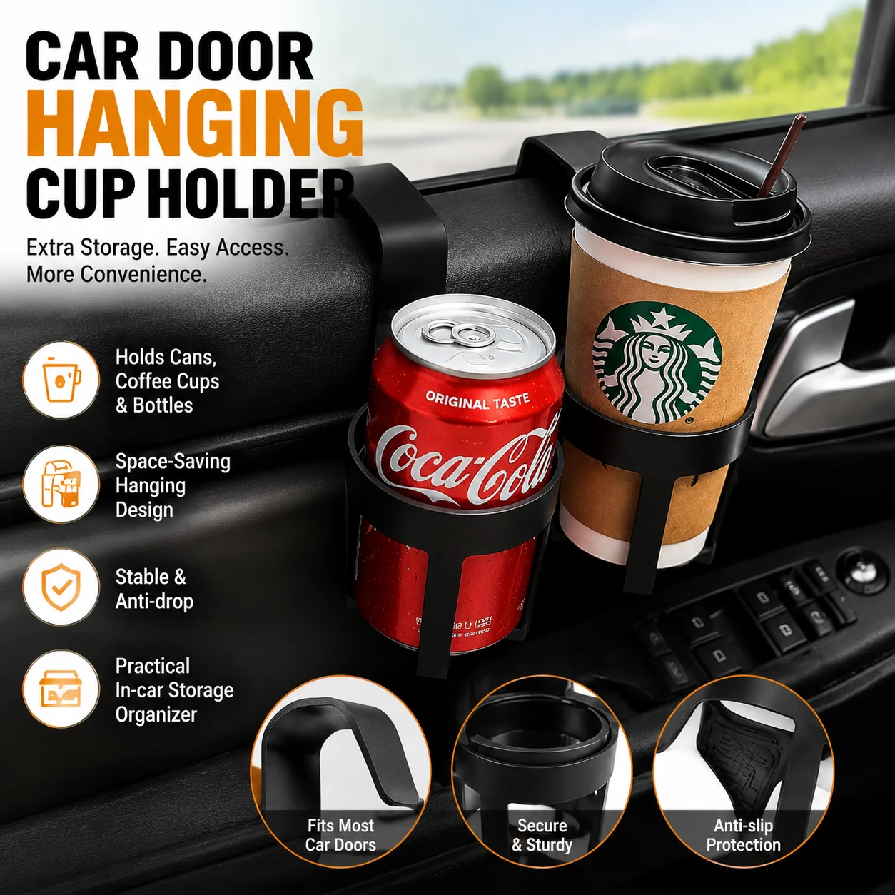 Car Door Hanging Cup Holder Multifunctional Clip‑on Beverage Can Coffee Cup Bottle Storage Rack Space‑Saving In‑Car Drink Organi