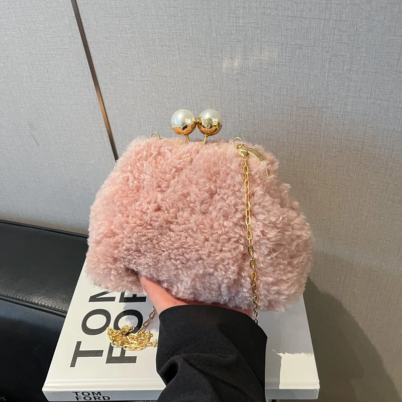 

Plush Frame Bags For Women Winter New Pearl Furry Crossbody Shoulder Bags Solid Fur Luxury Handbag Soft Fluffy Bags Korean