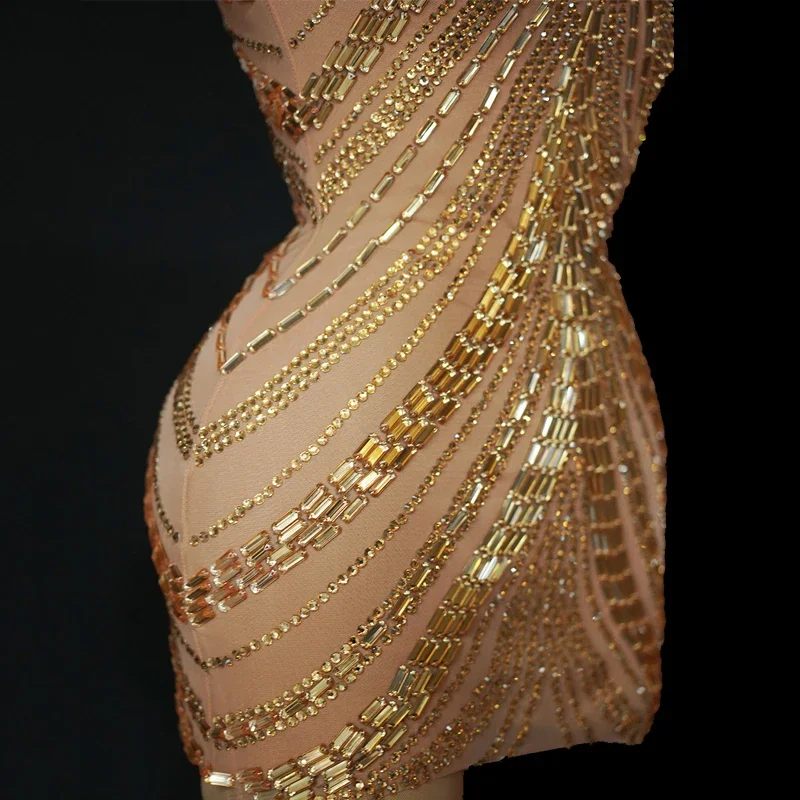 Gold Rhinestones Dress Gogo Costume Rave Outfit Women Dj Ds Pole Dance Clothing Stage Clubwear red gold club Sequins outfits