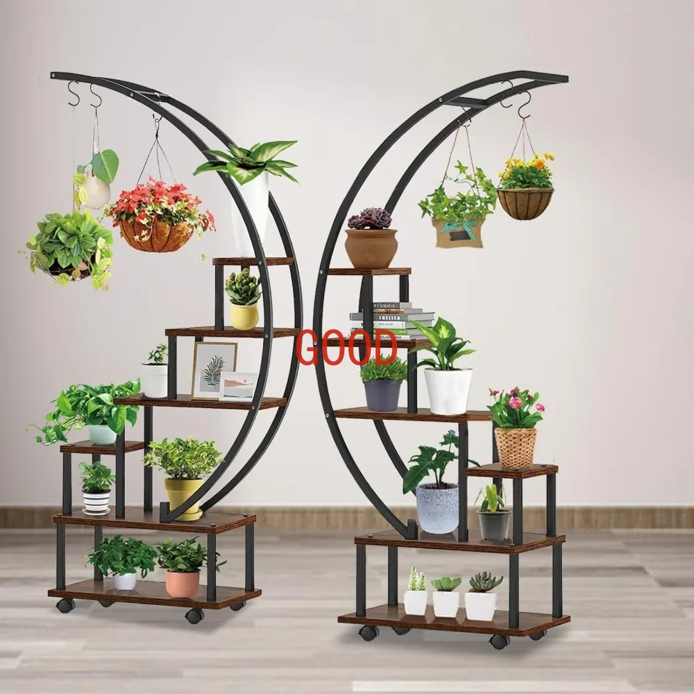 2 pcs 6 Tier Tall Metal Plant Stand Indoor, Half Moon Shape Large Plant Shelf with Detachable Wheels, Curved Ladder Flower Pot