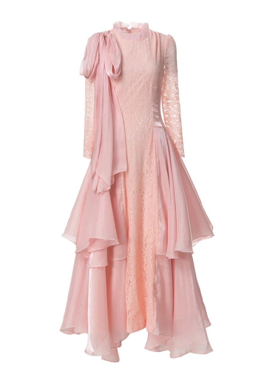 

European and American women's clothing 2025 summer new Long sleeve standing collar Lace patchwork ruffles Fashion pleated dress