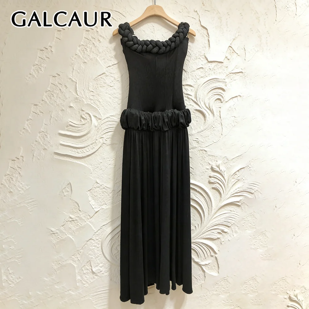 

GALCAUR Solid Spliced Bandage Dress Female Square Collar Sleeveless Loose Elegant Intellectual Women's Dresses Summer Fashion