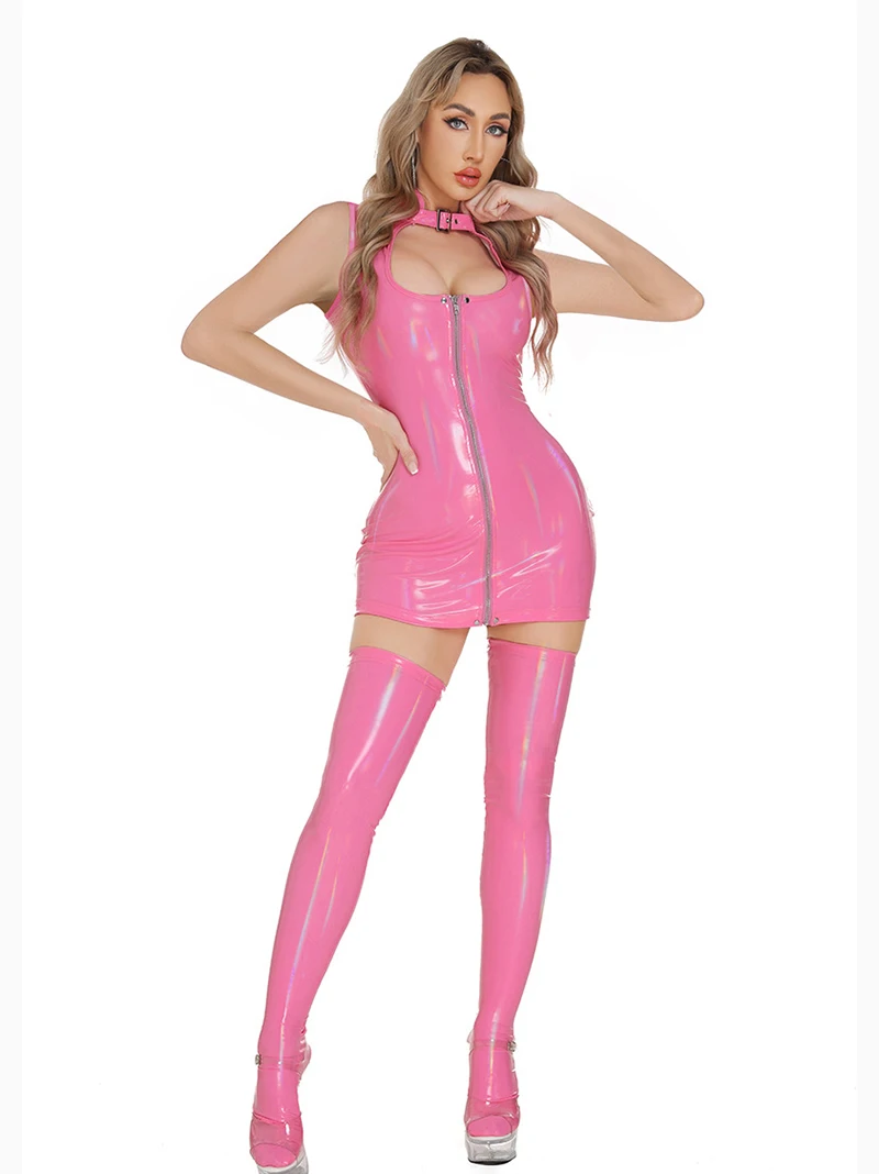

3pc PVC Shiny Leather Glossy Leather Dress with Socks for Adults Women Wet Look Rave Costume Performance Pole Dance Clubwear
