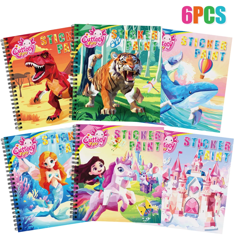 

6PCS Sticker Paint Story Books for Kids Ages 4-10 Unicorn Mermaid Paint by Stickers by Numbers Party Girls Birthday Gifts