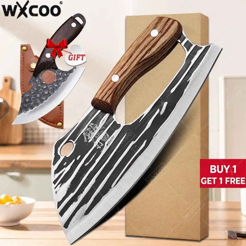 WXCOO Handmade Forged Kitchen Knife with Wooden Handle Stainless Steel Fruit Vegetable Slicing Knife and Kitchen Peeler Gift
