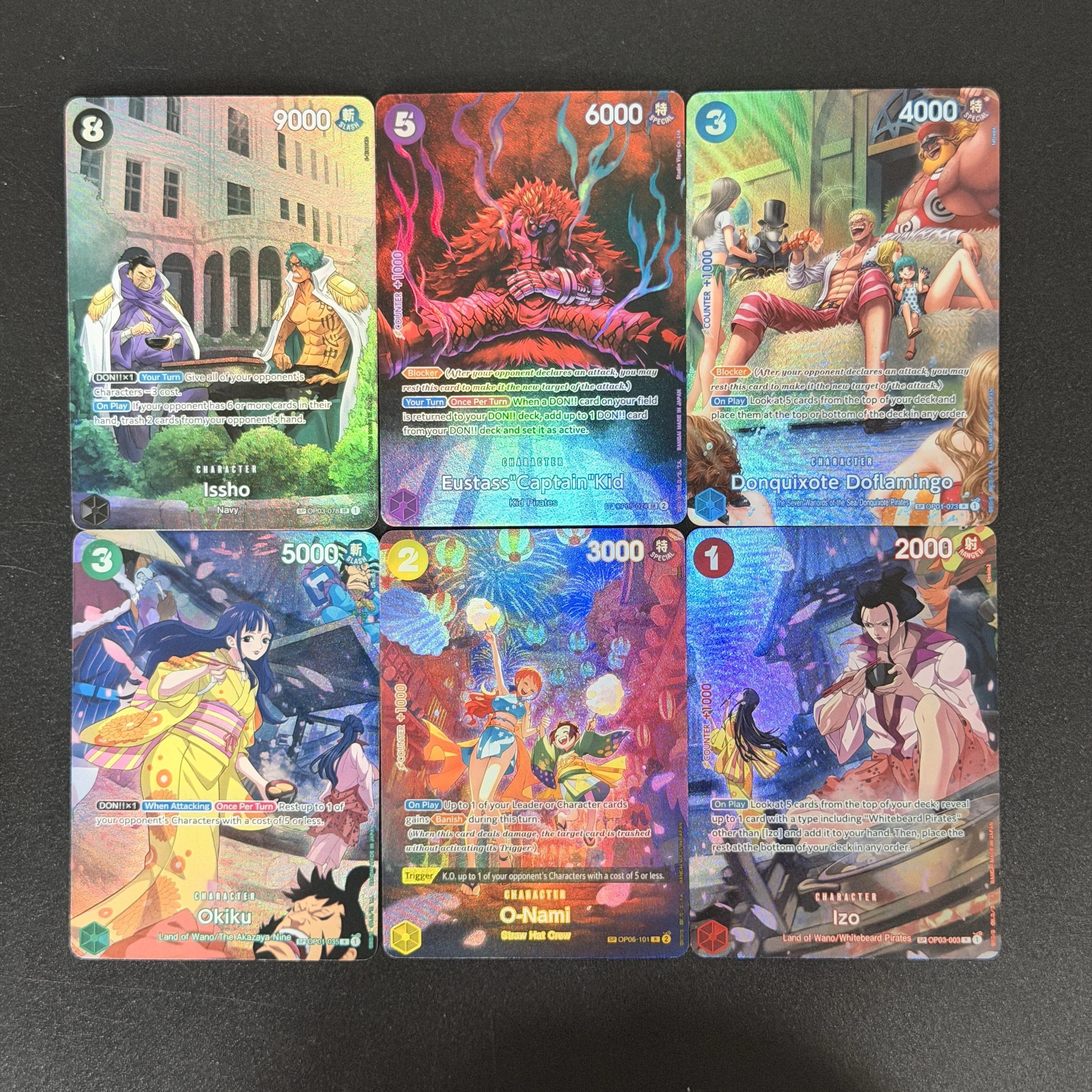 6 estilos de cartas de juego de anime de la colección "600 Años en el Futuro" de One Piece: Nami, Okiku, Issho, Eustass, Capitán Kid, SP OP06-101 R