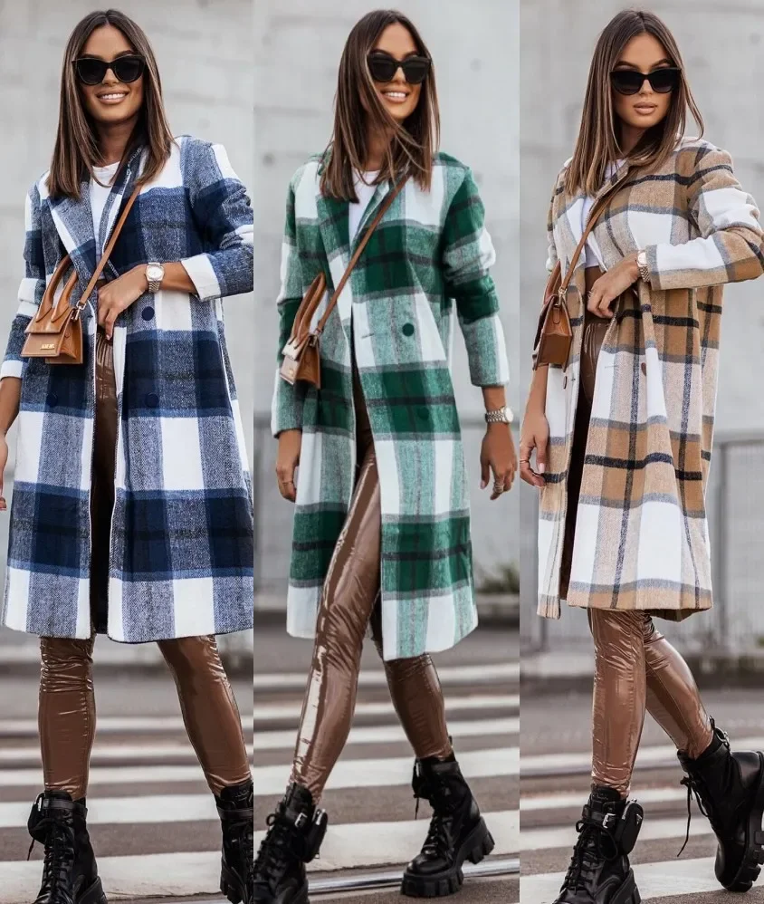 

Women's Woolen Coat with Printed Long Sleeved Collar Fashionable Brushed Fur Medium To Long Plaid Woolen Coat 2024 Autumn/winter