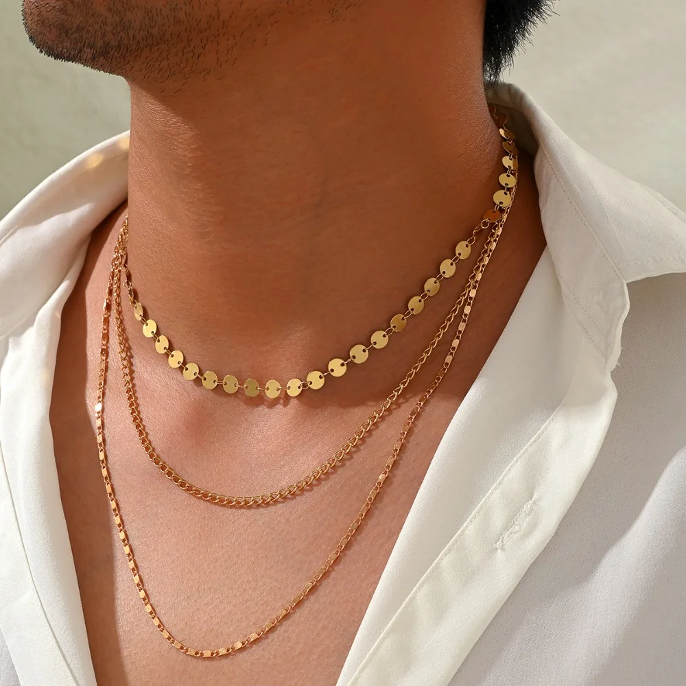 3pcs Set Minimalist Personality Gold Color Spaced Disc Thin Chain Stackable Necklace for Men Summer Vacation Outfit Jewelry Sets
