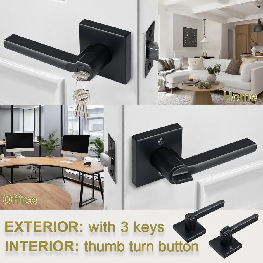مقبض باب داخلي مربع عالي التحمل مع قفل للباب الأمامي ودخول المكتب، تصميم ذو وجهين باللون الأسود غير اللامع لليمين