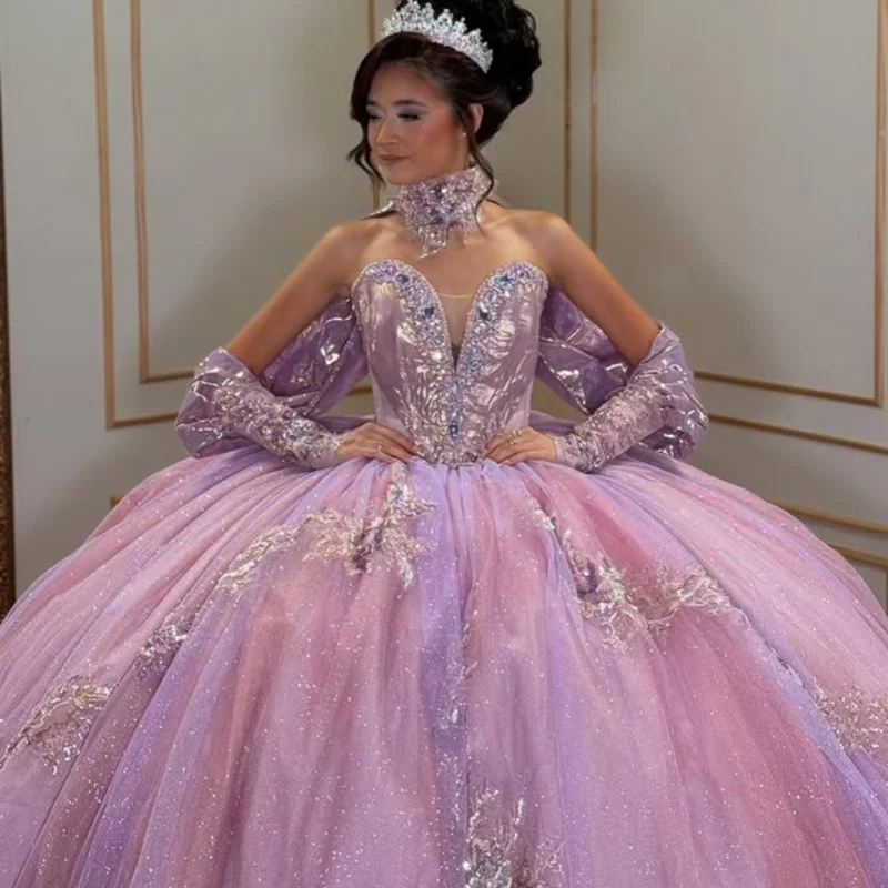 

Customized Shiny Purple Quinceanera Dresses Off the Shoulder Sequin decal Tull Lace Long tail Vestido De 15 Quinceanera
