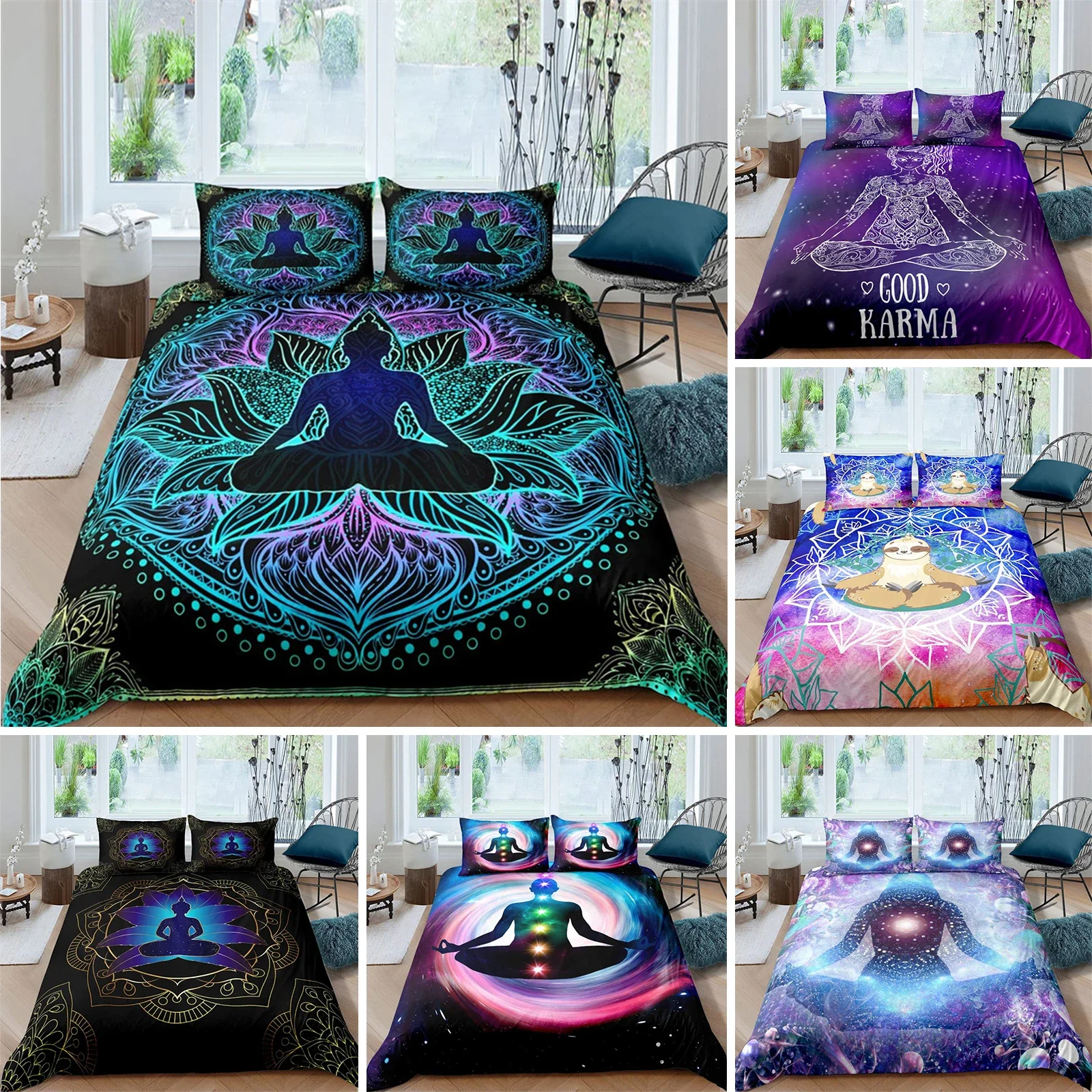 

Bohemian Chakra Meditation Duvet Cover Relax Theme Yoga Bedding Set Exotic Mandala Lotus Comforter Cover Full King Bedroom Decor