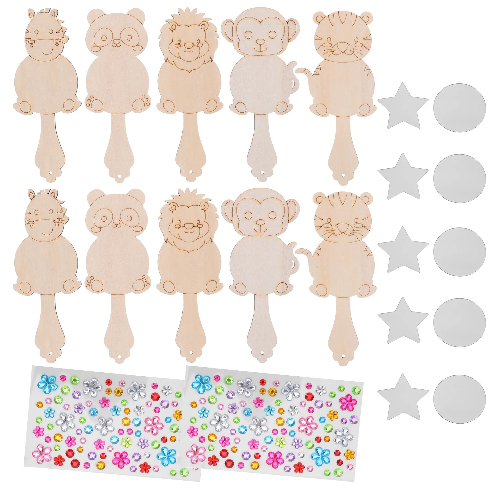 10세트 나무 동물 공예 DIY 어린이 손거울 키트 페인트 가능한 나무 블랭크 안전한 아크릴 거울 부활절 공예용 - 교실용