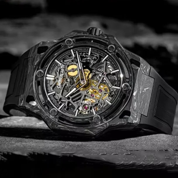 CRONUSART Men Automatic Watch 42mm Mechanical Wristwatch Carbon Fiber Case Luminous Sapphire Skeleton Dial FKM Strap Sport