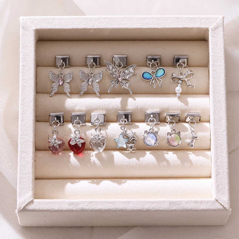 

Y2K Butterfly Heart Star Bow Pendant Italian Charm Link Fit 9mm Stainless Steel Bracelet Jewelry Men Women DIY Making Gifts