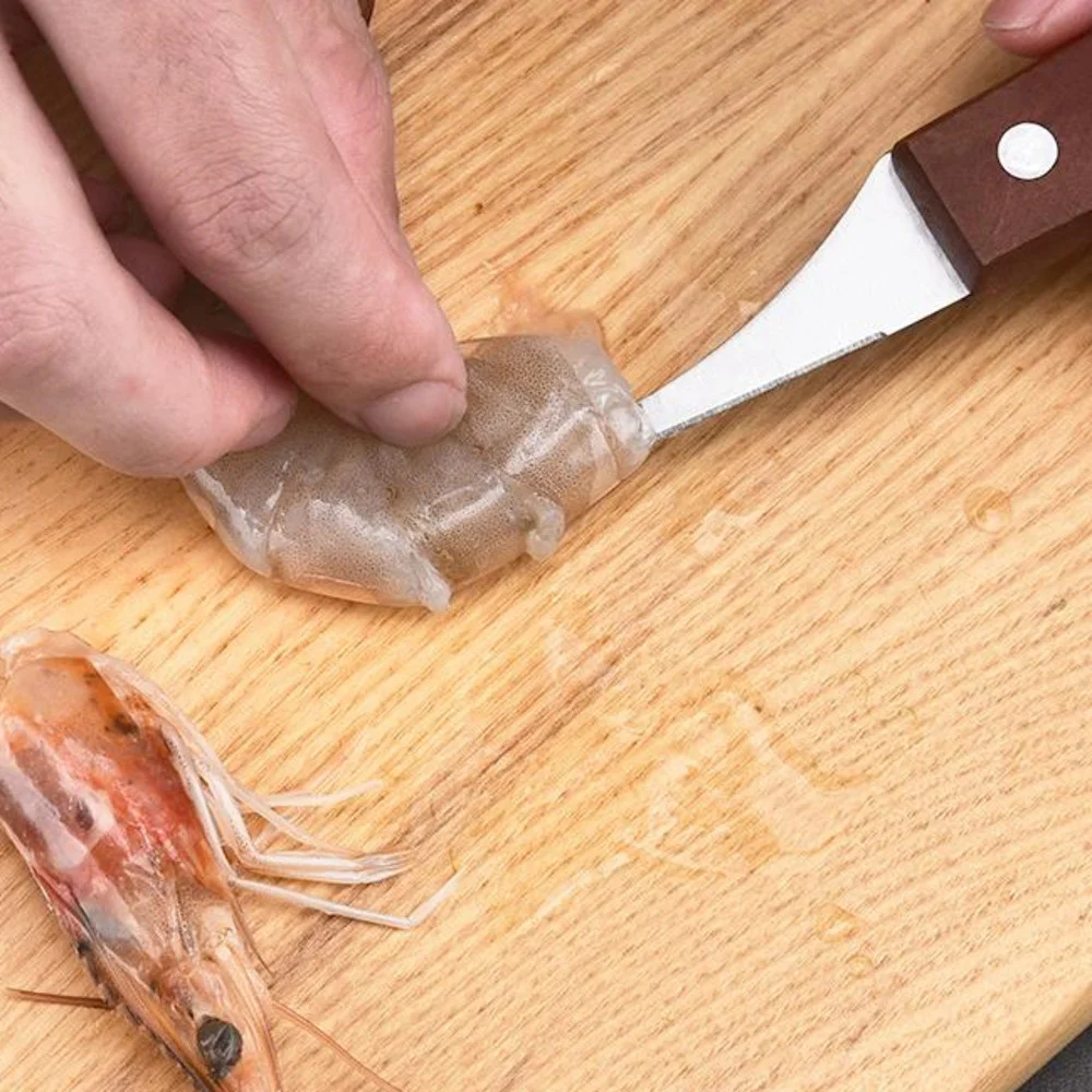 Wood Handle Shrimp Peeling Tool Cleaning Device Stainless Steel Shrimps Line Peel Seafood Prawn Shell Peeler Restaurant