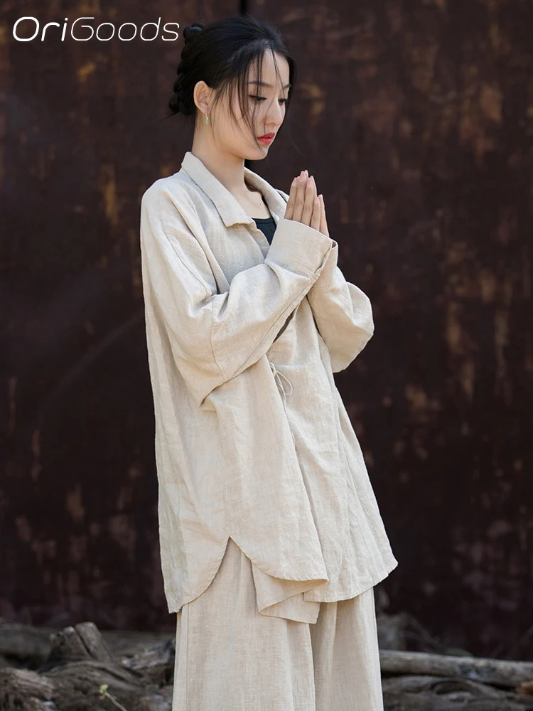 

OriGoods Ramie Kimono Shirt Women Oversized Loose Long Sleeve Shirts Chinese Japan Zen style Niche Mori girl Tops Clothes B179