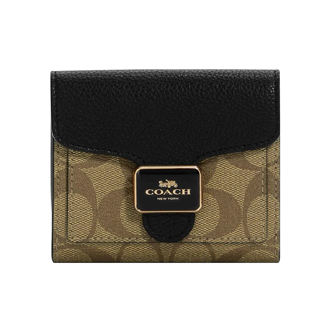 COACH Pepper Coated Canvas With Refined Pebbled Leather Card Holder, Wallet Regular Women's Khaki & Black C7805-IMLOV