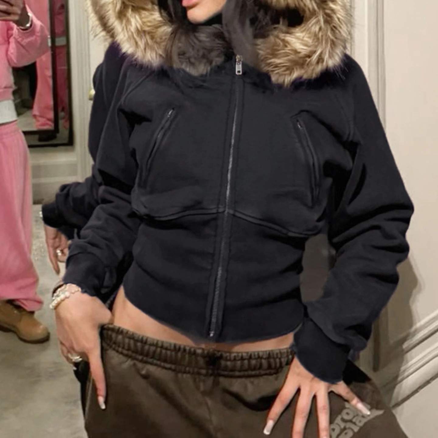 

SUCHCUTE винтажная толстовка с капюшоном и тонким воротником для талии Y2k, эстетичная куртка на молнии 2000-х годов, повседневное пальто, осенне-зимняя верхняя одежда