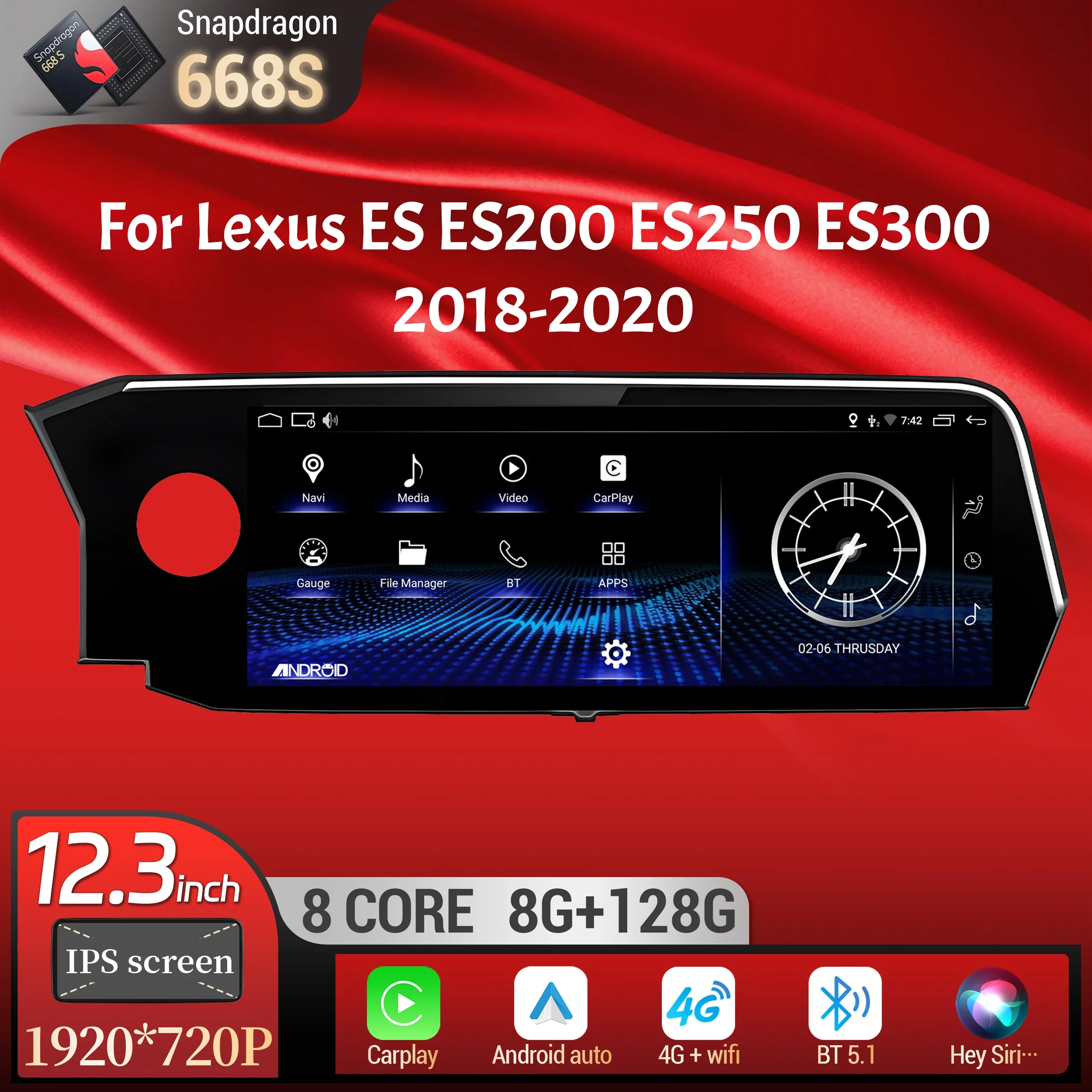 12.3inch Android 14 Car Radio For Lexus ES ES200 ES250 ES300 2018-2020 Multimedia BT Carplay Snapdragon 668S Head Unit Screen