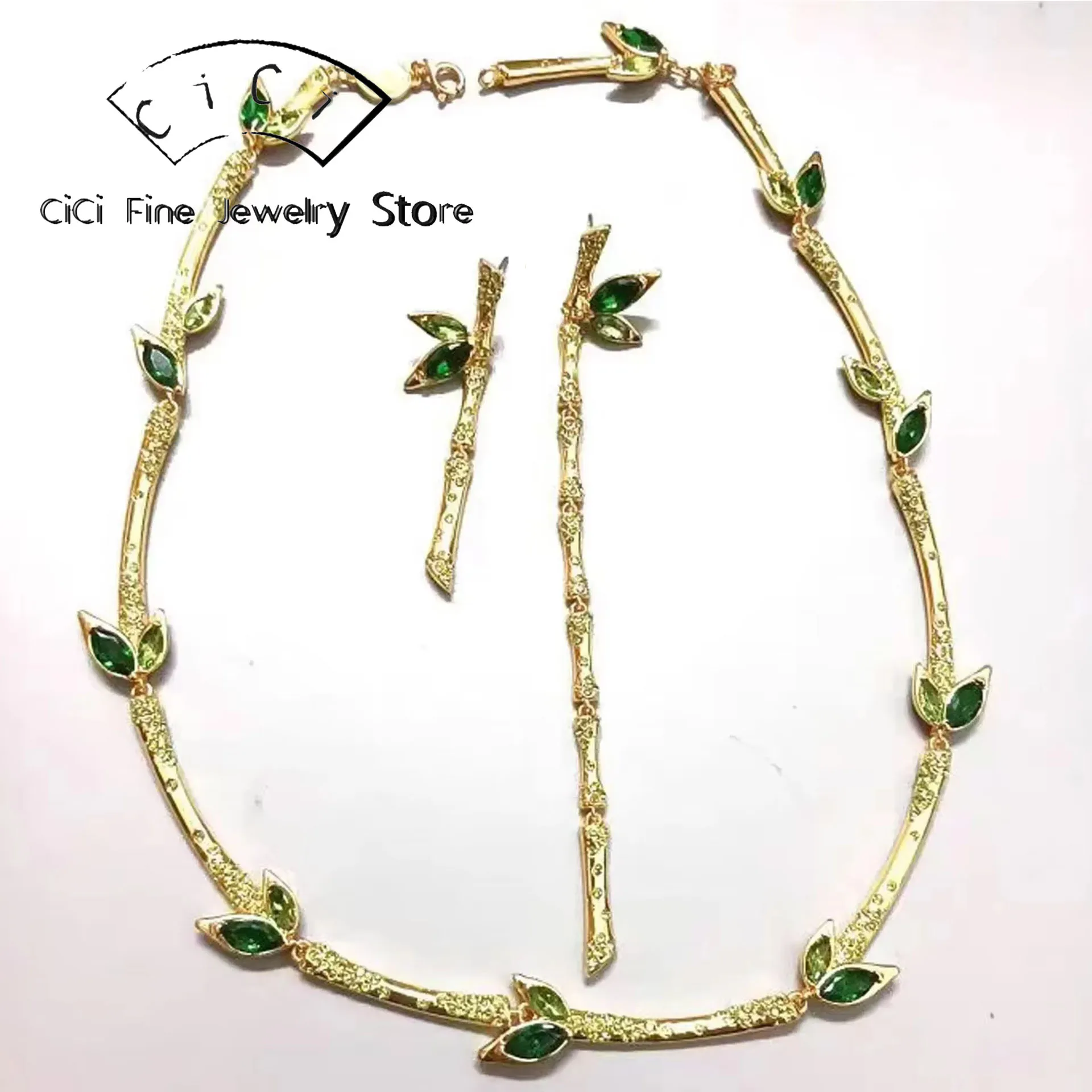 

2025 New Original for Women Leaf Earrings Fashion Bamboo Necklace Earrings Bracelet Ring Fine Jewelry Set Party Accessories