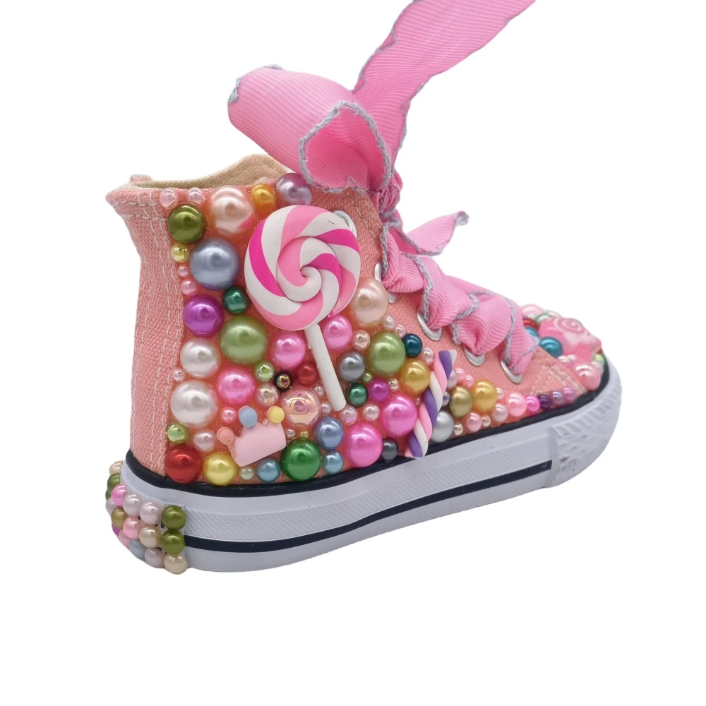 Kids Shoes Name Photo Custom Design For Girl Birthday Party Canvas Dollbling Handmade Bling Rainbow Pearls Sneakers