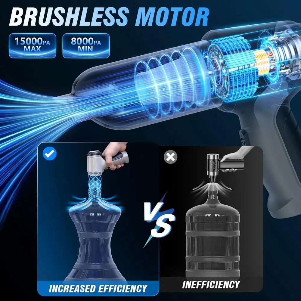 15000 Pa draadloze nat-/droogstofzuiger, 120 W vermogen, wasbaar HEPA-filter, multitool voor auto, huisdier, thuis, op kantoor