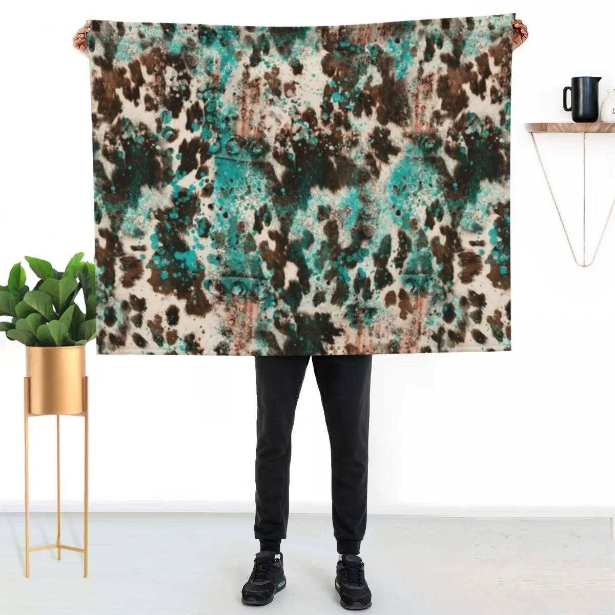 

Western Boho Cowhide Turquoise Pattern Throw Blanket Soft Solid Color Blanket for Couch Bed