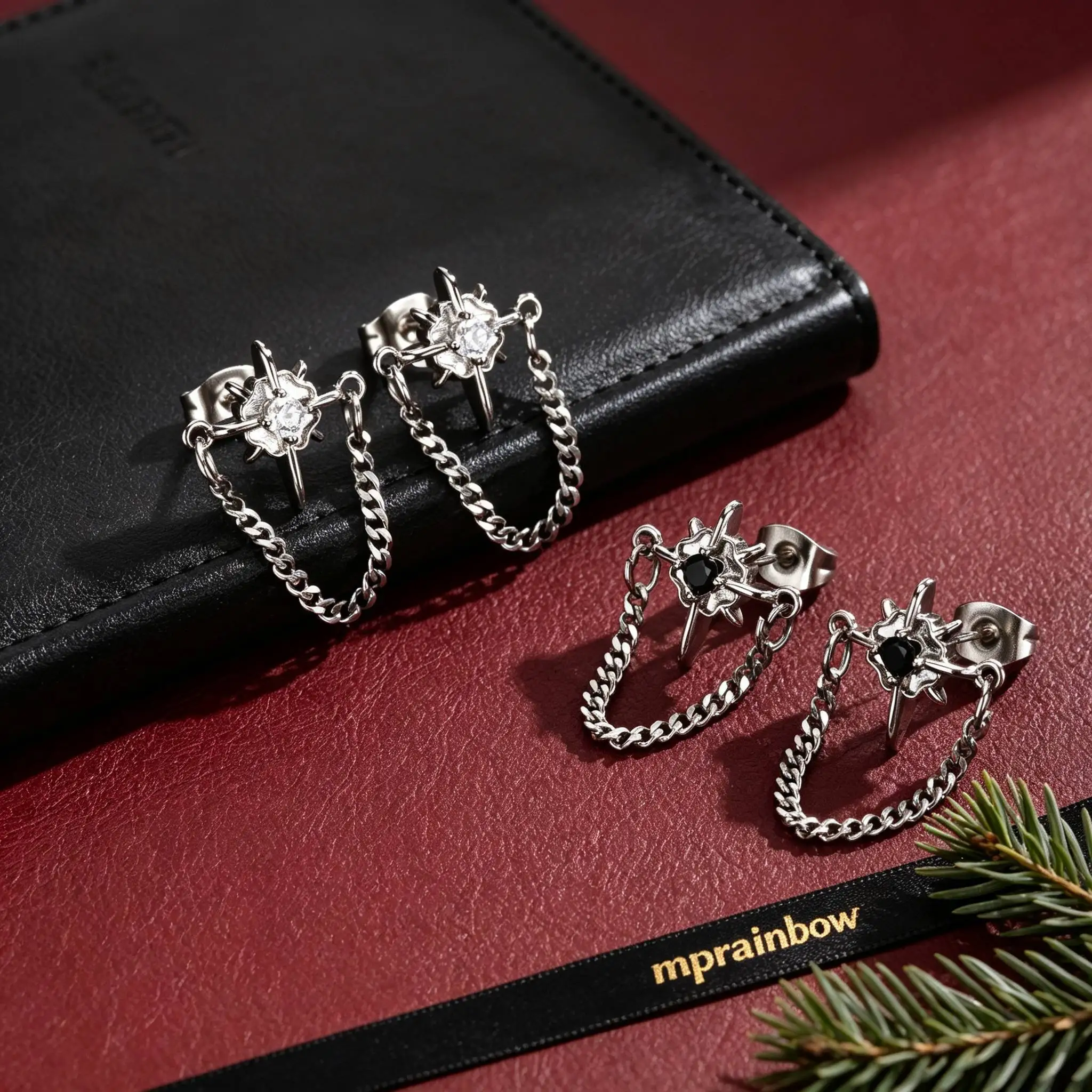 Men's Star Stud Earrings,Eight Point Star Zircon Chain Cartilage Earring,Punk Gothic Hip Hop Jewelry Gift