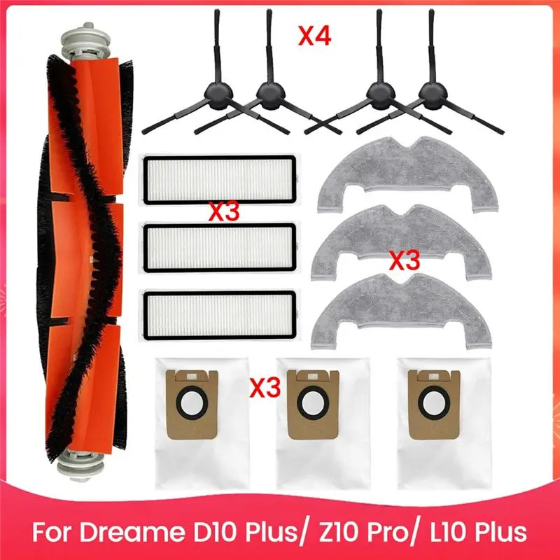 ABHI-14PCS Brush Dust Bag Filter And Mop Cloth Set For Dreame D10 Plus Z10 Pro L10 Plus Vacuum Cleaner Replacement Parts