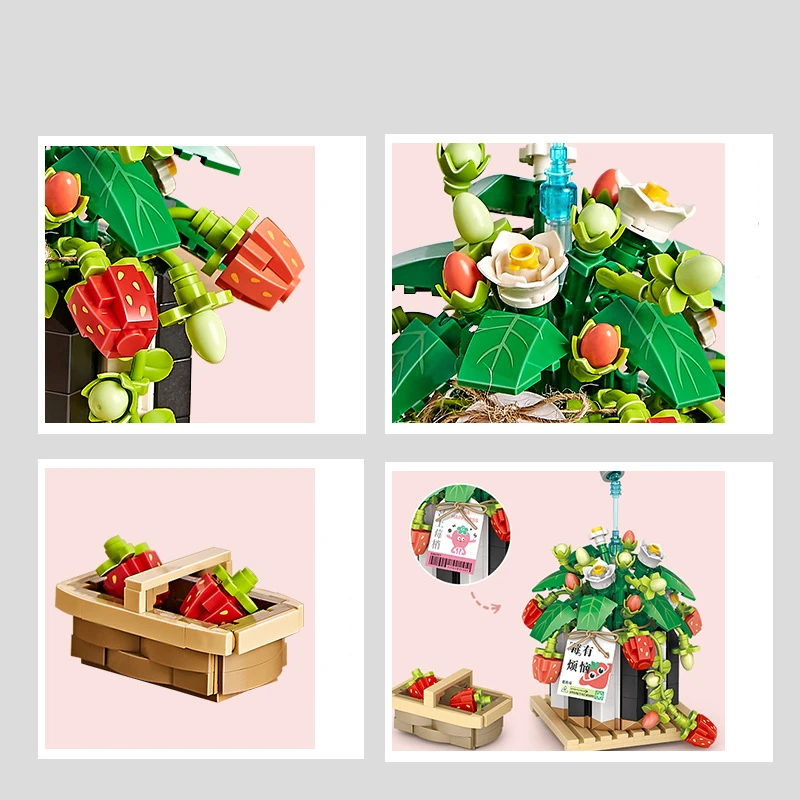 NEW Romantic Cute Plant Strawberry Potted Flowers Gardens House Building Blocks Classic Model Mini Bricks Sets Kids Kits Gift