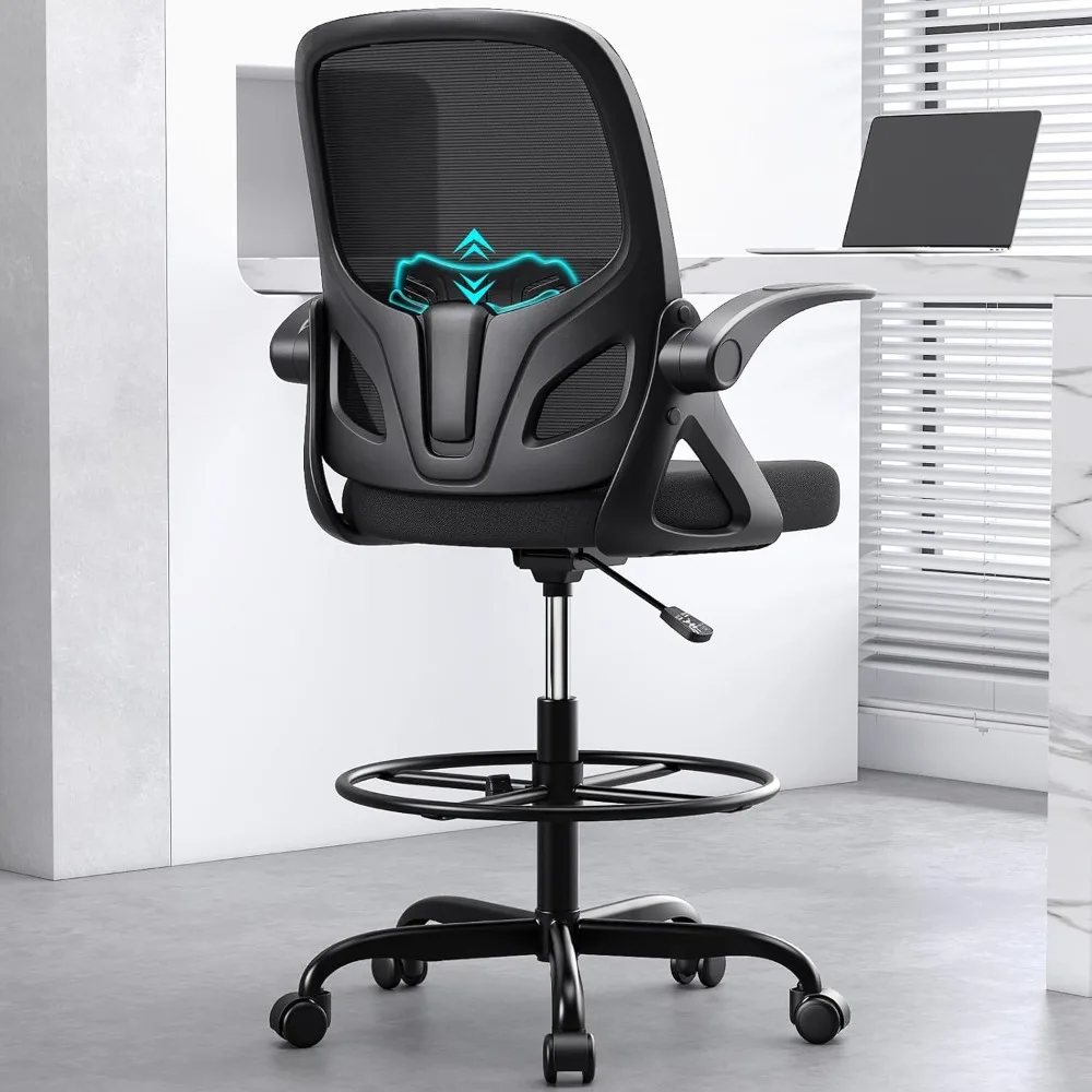 Cadeira de desenho alta cadeira de escritório para mesa de pé cadeira de mesa alta ajustável com apoio para os pés anel e apoio lombar ergonômico