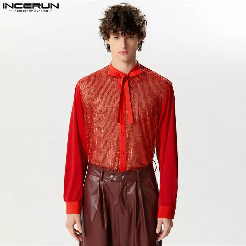 2024 Men Shirt\'s Sparkling Sequins Lapel Lace Up Long Sleeve Casual Men Clothing Streetwear Fashion Party Shirts S-5XL INCERUN