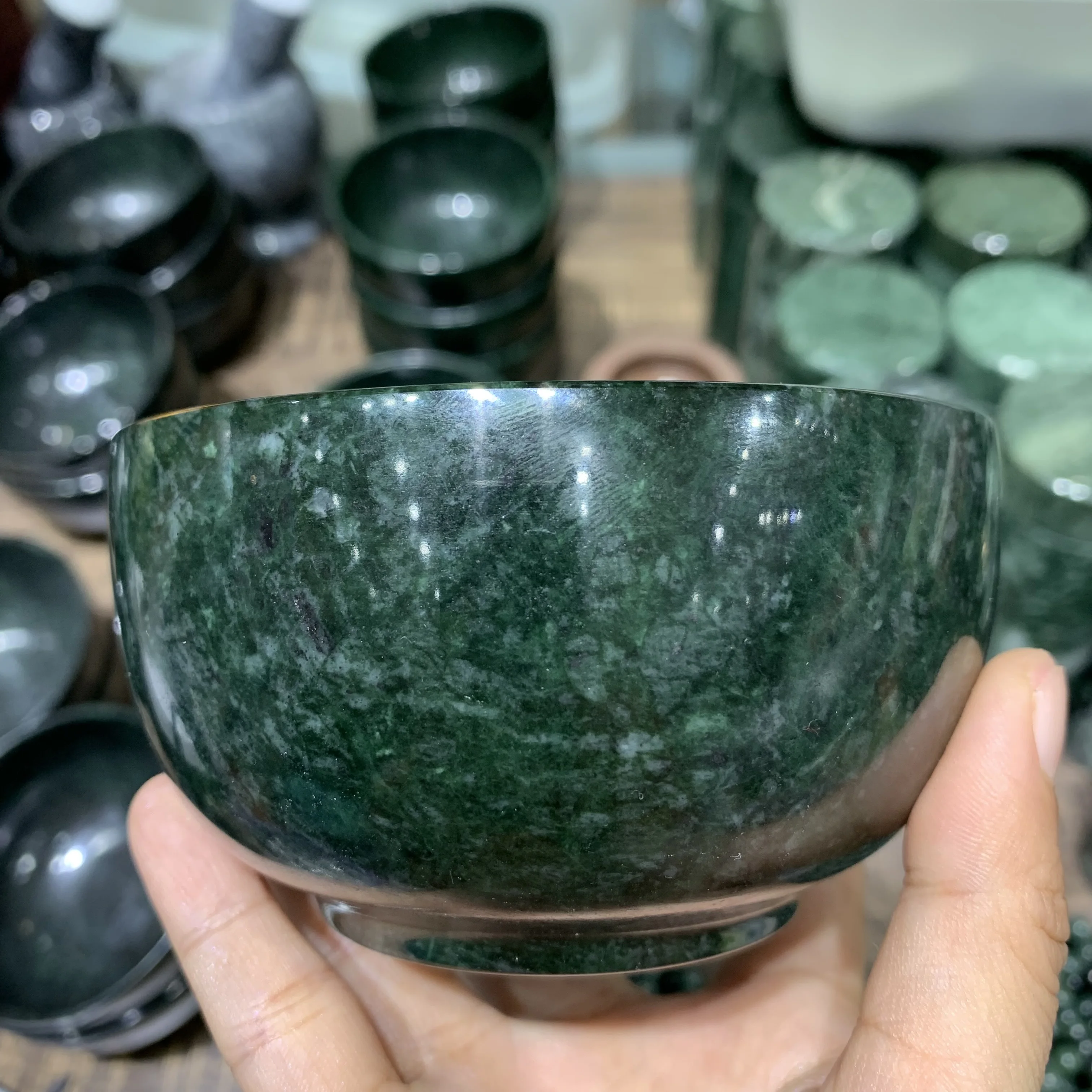 Naturla Tibetan Jade bowl Hand-Carved Round Dark Green Jade bowl for Kitchen utensils