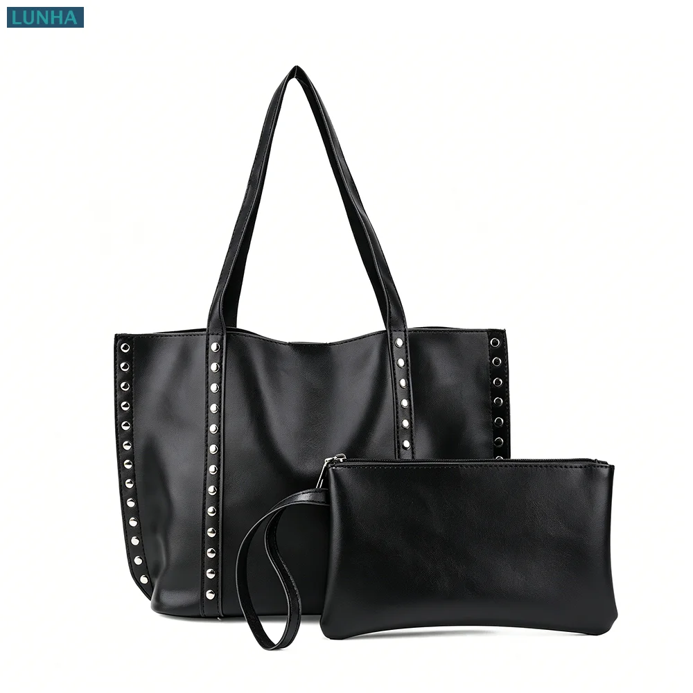 Medium Everyday Work Shoulder Tote Handbag 2-in-1 Rivet PU Leather Tote Bag Set for Women Daily Office Commute