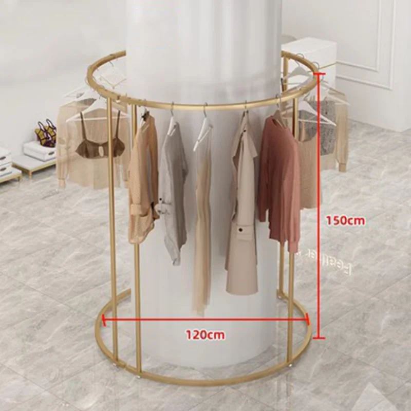 custom，semi-circle island gold wrought iron rack display floor hanging clothes rack women's shop display rack