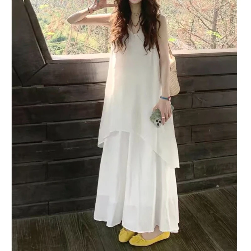 

Women Two Piece Sets Skirt Set Sling V Neck Sleeveless Tops Ruffles Long Skirts A Line High Waist Y2k Streetwear Elegant Work