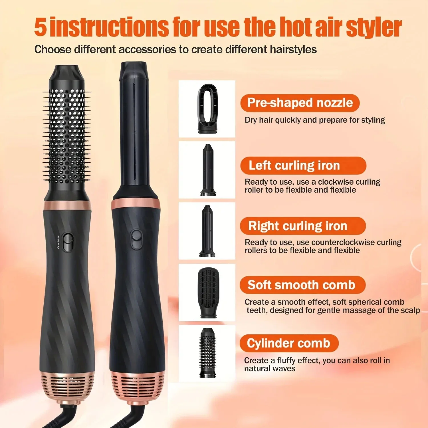 5 In 1 Hair Dryer Brush Electric Hot Air Straightener Multi Hair Styling Blowing Comb Rotating Curling Iron Set Professional