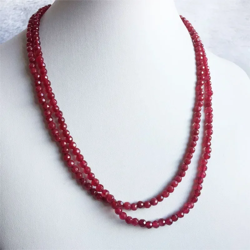 4MM Faceted Round Opaque Clear Red Ruby Necklace Natural Stone Chocker Beaded Mother Daughter 45cm