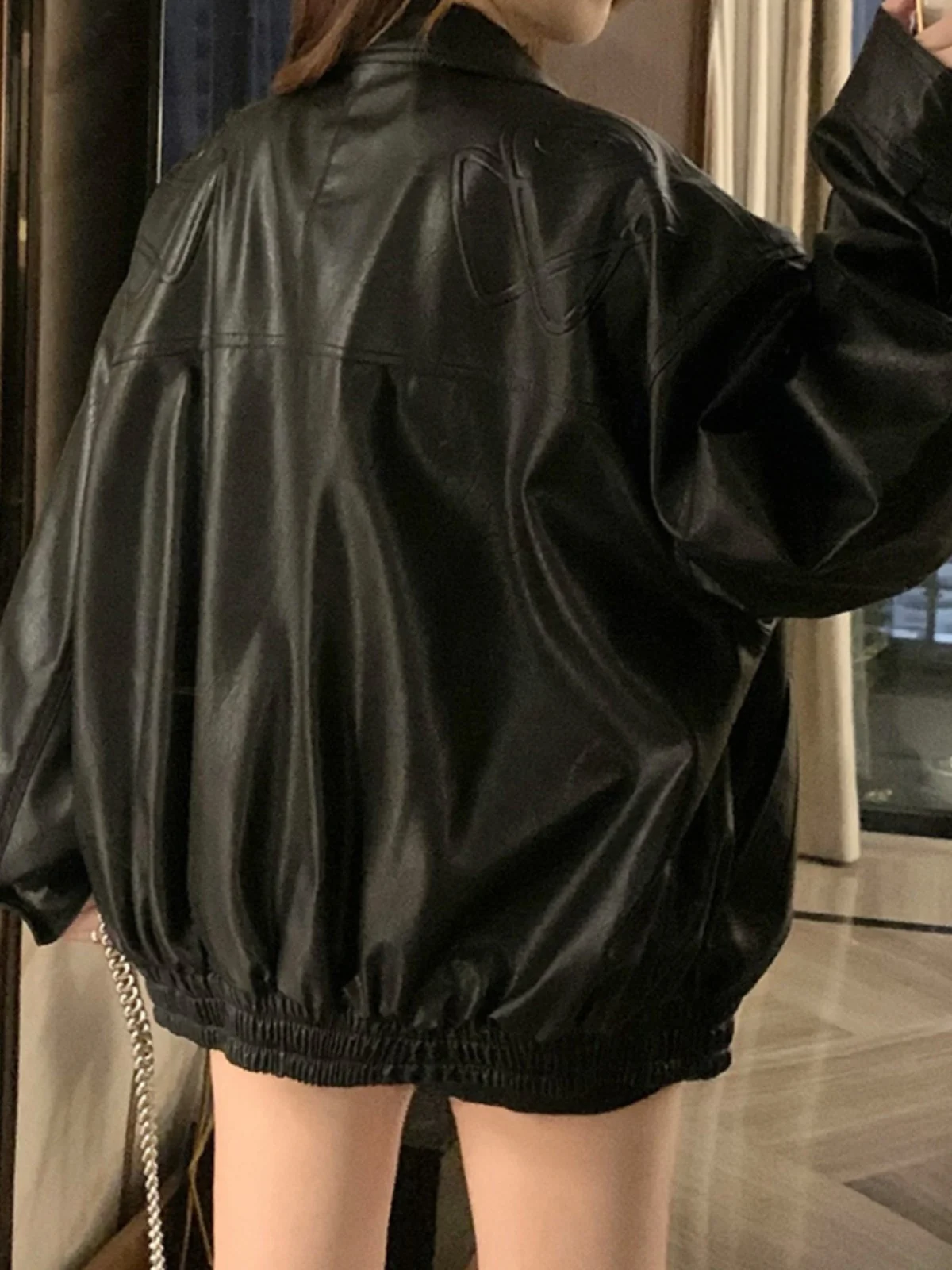 Premium Feel Leather Jaet Women's Spring Autumn American Sle Bla Sweet Cool Motorcycle PU Leather Loose Jaet Top Trendy