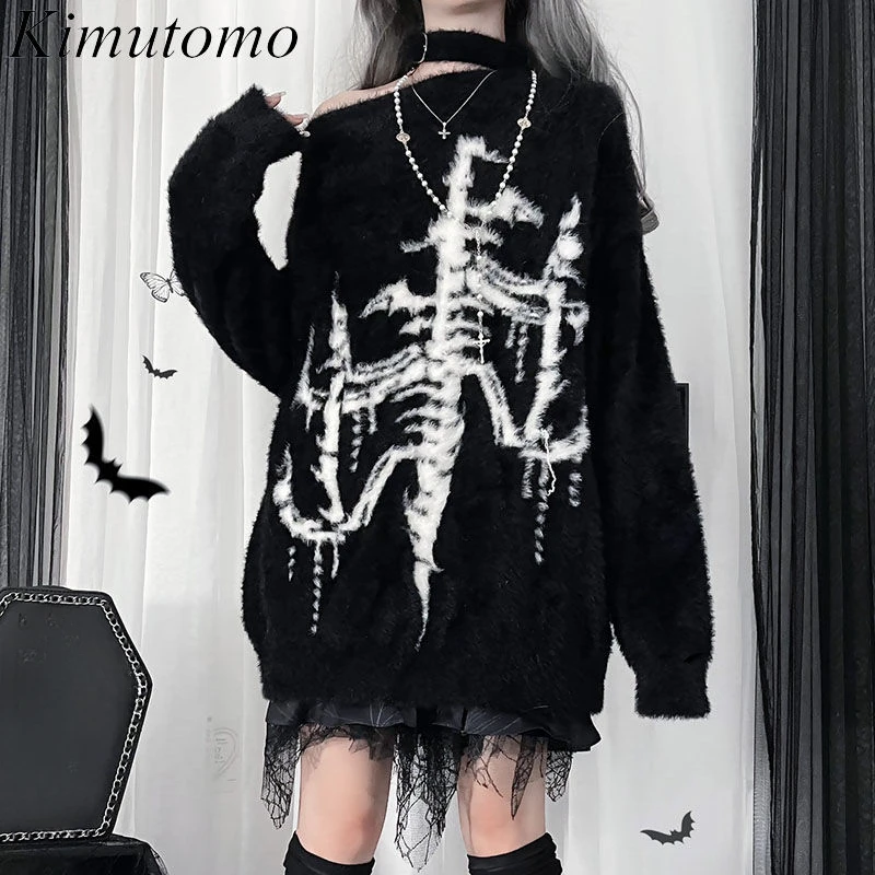 Kimutomo Y2k Sweater Women Punk Style Autumn Winter Loose Diagonal Collar Cartoon Printed Vintage Off Shoulder Fashion Gothic